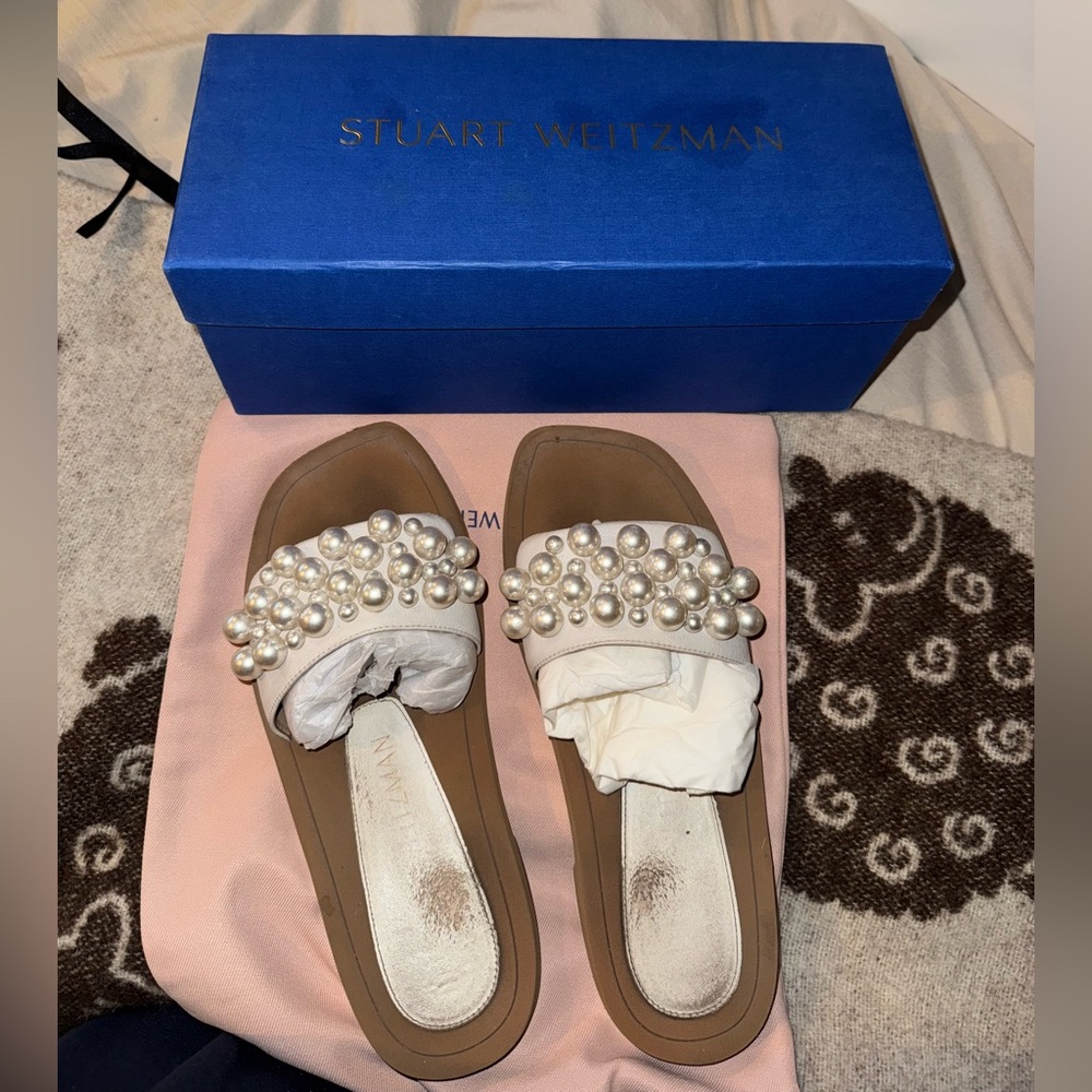 Stuart Weitzman Goldie Pearly Stud Flat Slide Sandals